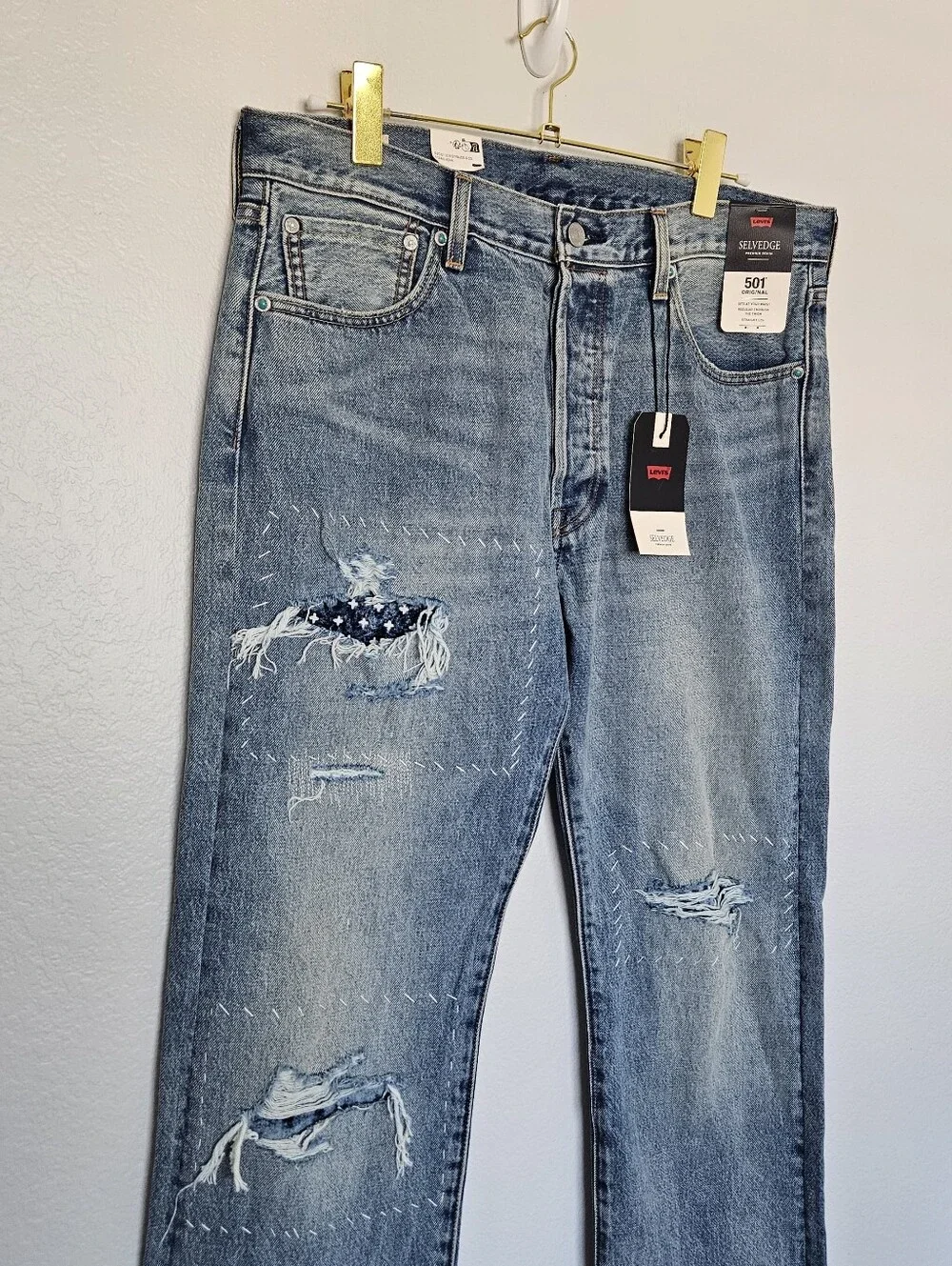 NWT Levis Selvedge 501 Original Straight Leg Jeans Patchwork Stitched Men 35x30